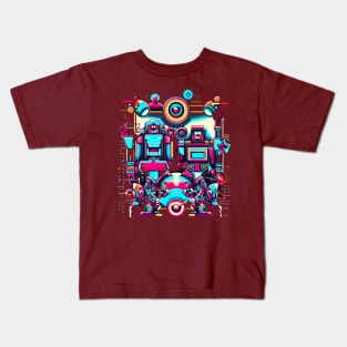 A piece that incorporates both retro and futuristic elements, such as robots and neon colors with a vintage twist. Kids T-Shirt